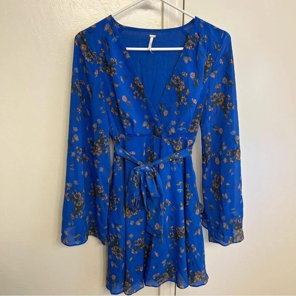 Free People Lilou Blue Floral Long Sleeve Mini Dress Women’s Small Boho Chic